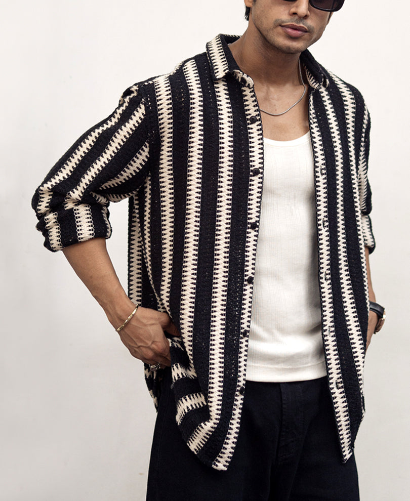 Black and White Striped Regular fit Crochet  Full Sleeves Shirt