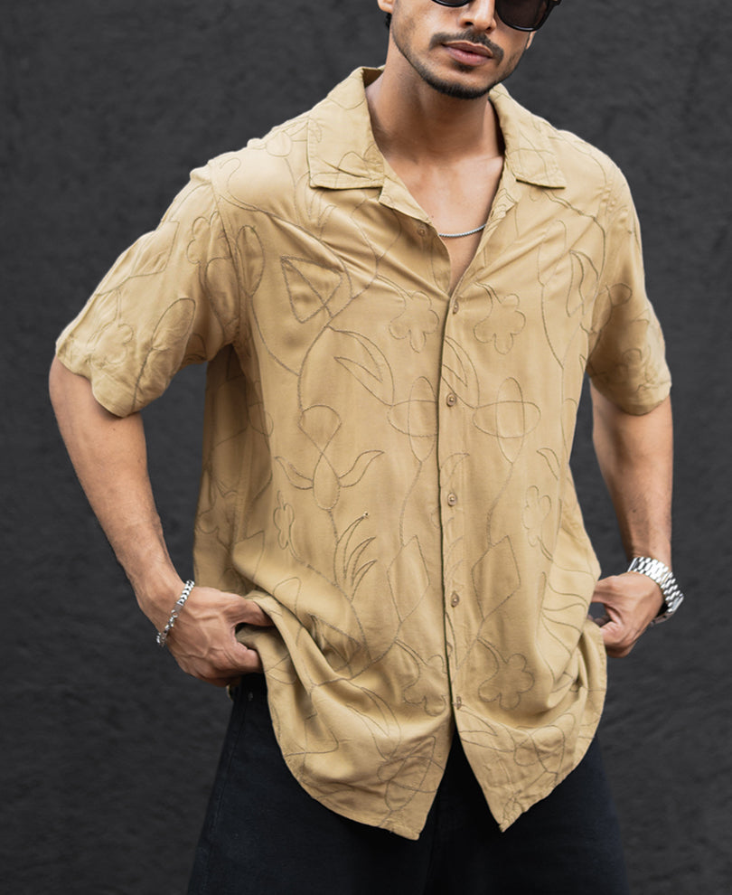 Beige Embroidery Oversized Half Sleeves Shirt