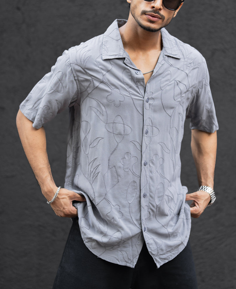 Grey Embroidery Oversized Half Sleeves Shirt