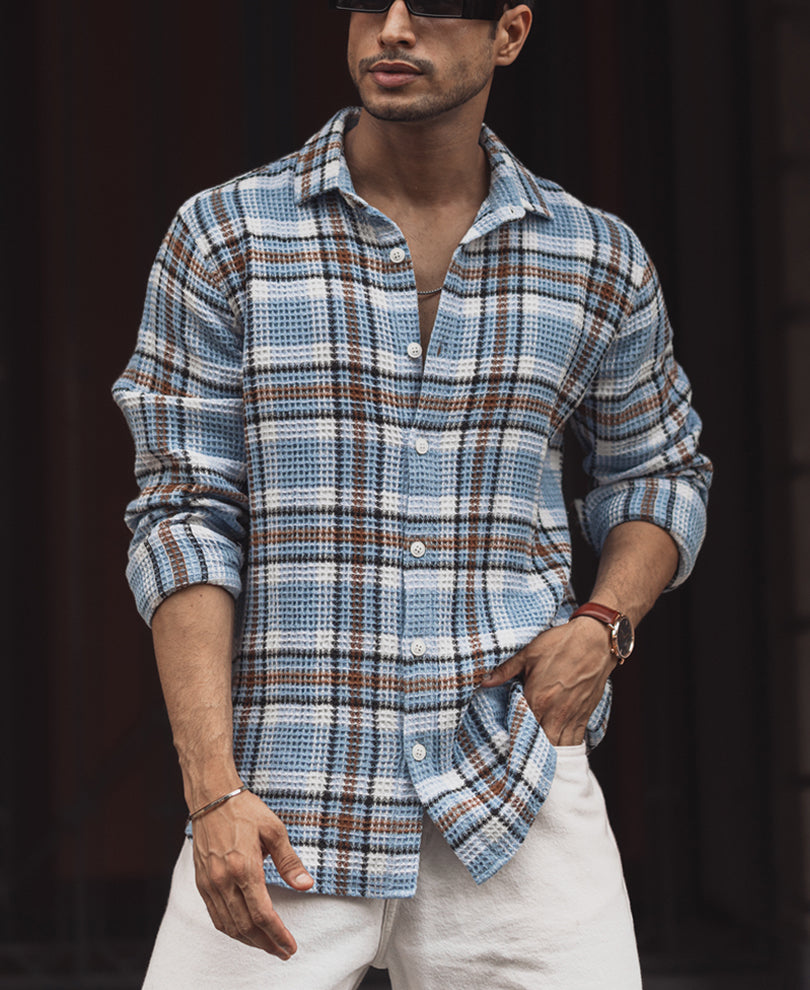 Blue and Brown Waffle Checks Regular Fit Full Sleeves Shirt