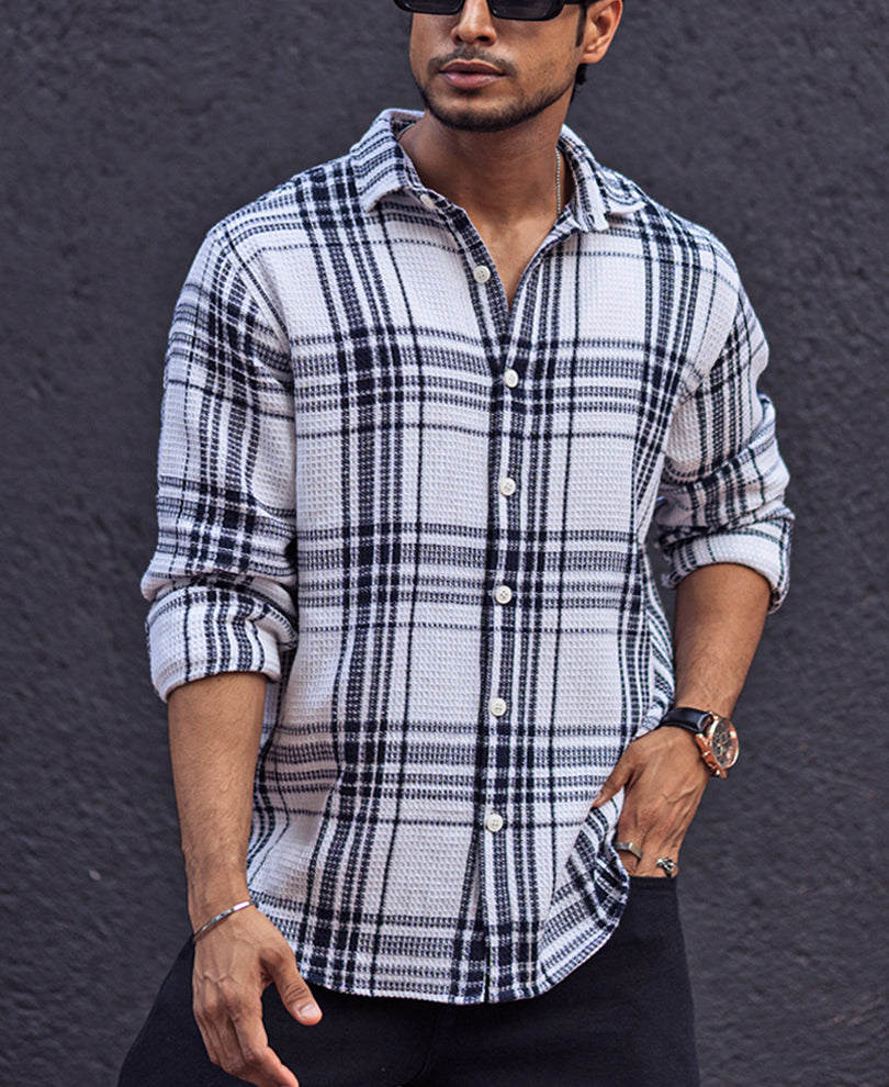 Navy Blue and White Waffle Checks Regular Full Sleeves Shirt