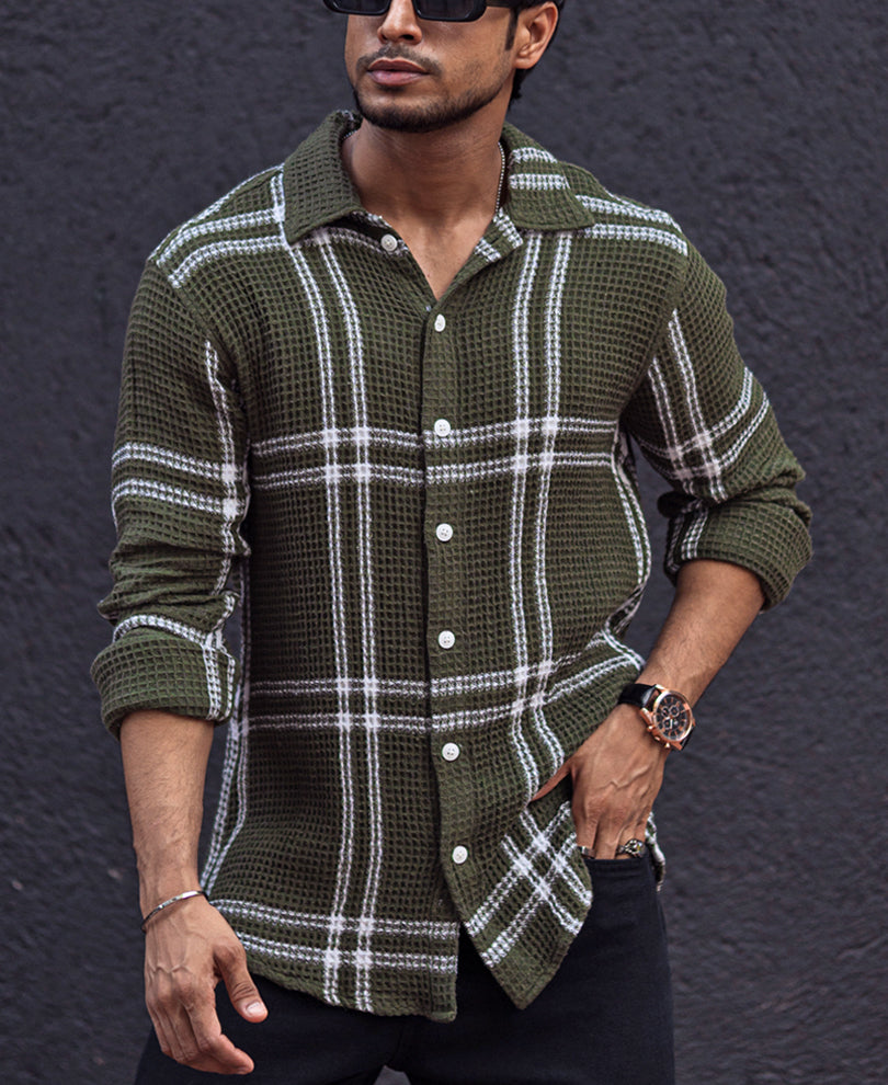 Green and White Striped Waffle Structured Regular fit Full Sleeves Shirt