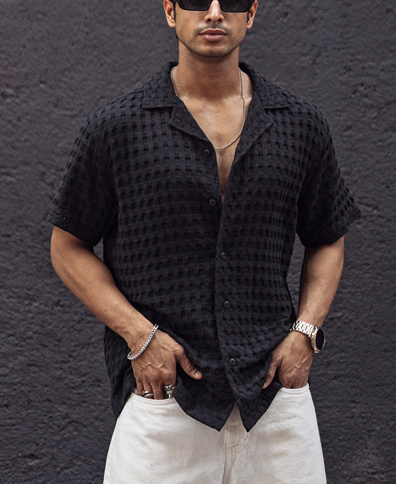 Black Waffle Oversized Half Sleeves Shirt
