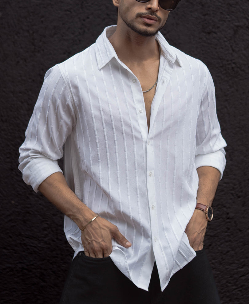 White Structure Regular Fit Full Sleeves Shirt
