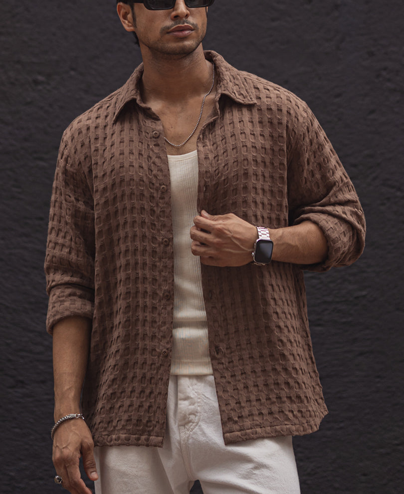 Brown Waffle Regular Fit Full Sleeves Shirt