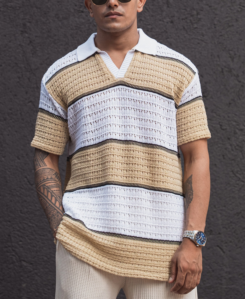 Beige and White Regular Fit Striped Half Sleeves T Shirt