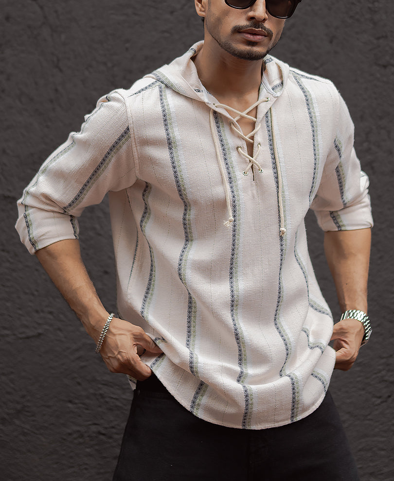 Multi Colour Stripe Full Sleeves Regular Fit Kurta Style Shirt