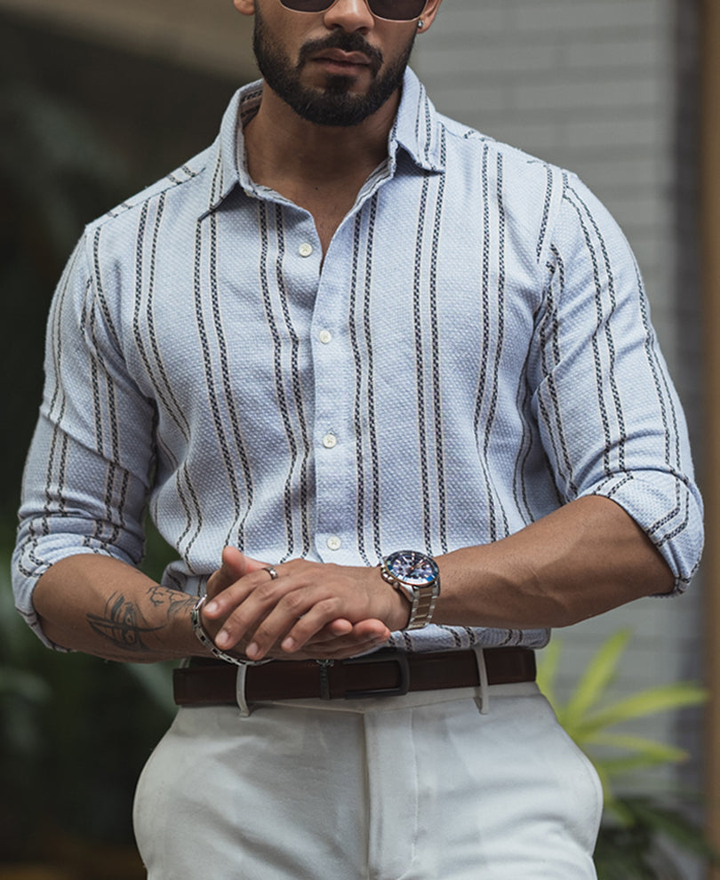 Sky Blue Striped Regular Fit Full Sleeves Shirt