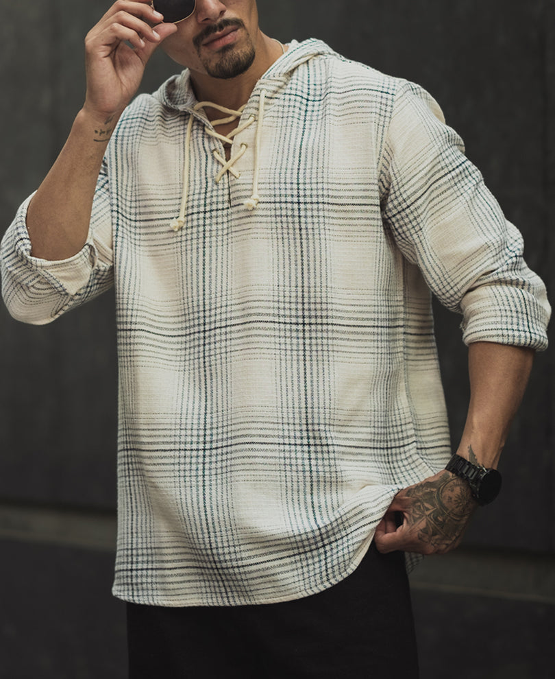 Off White Checked Regular Fit Hooded Shirt
