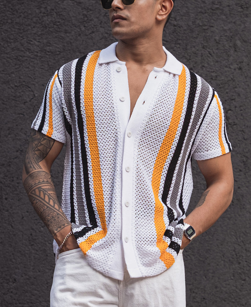 Yellow and White Striped Regular Fit Half Sleeves Shirt