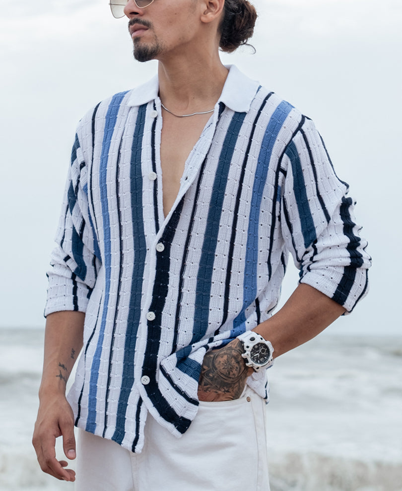 Blue and White Striped Regular fit Full Sleeves Shirt