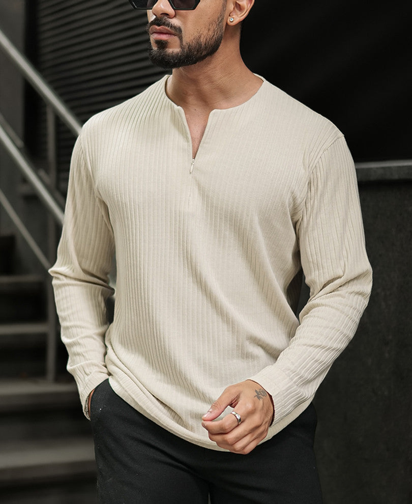 Light Beige Regular Fit Full Sleeves Tshirt