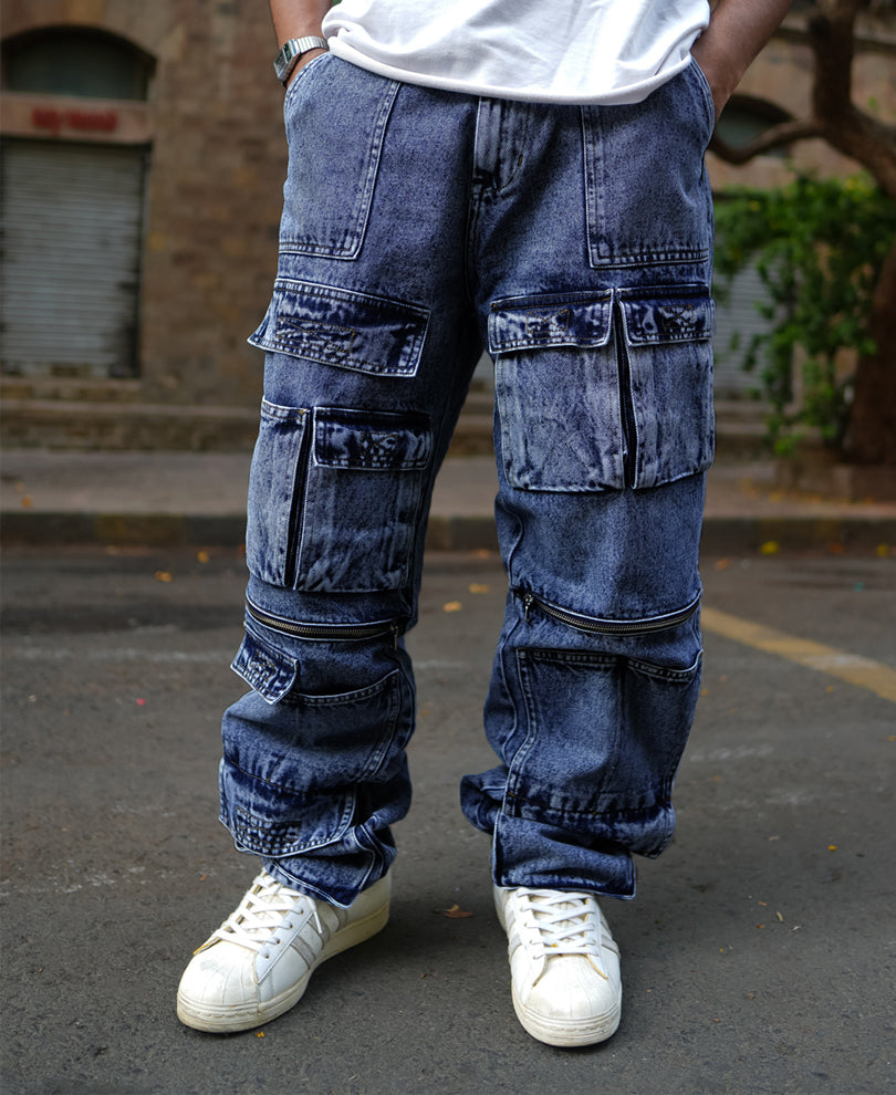 Blue Baggy fit Denim Cargo Pants