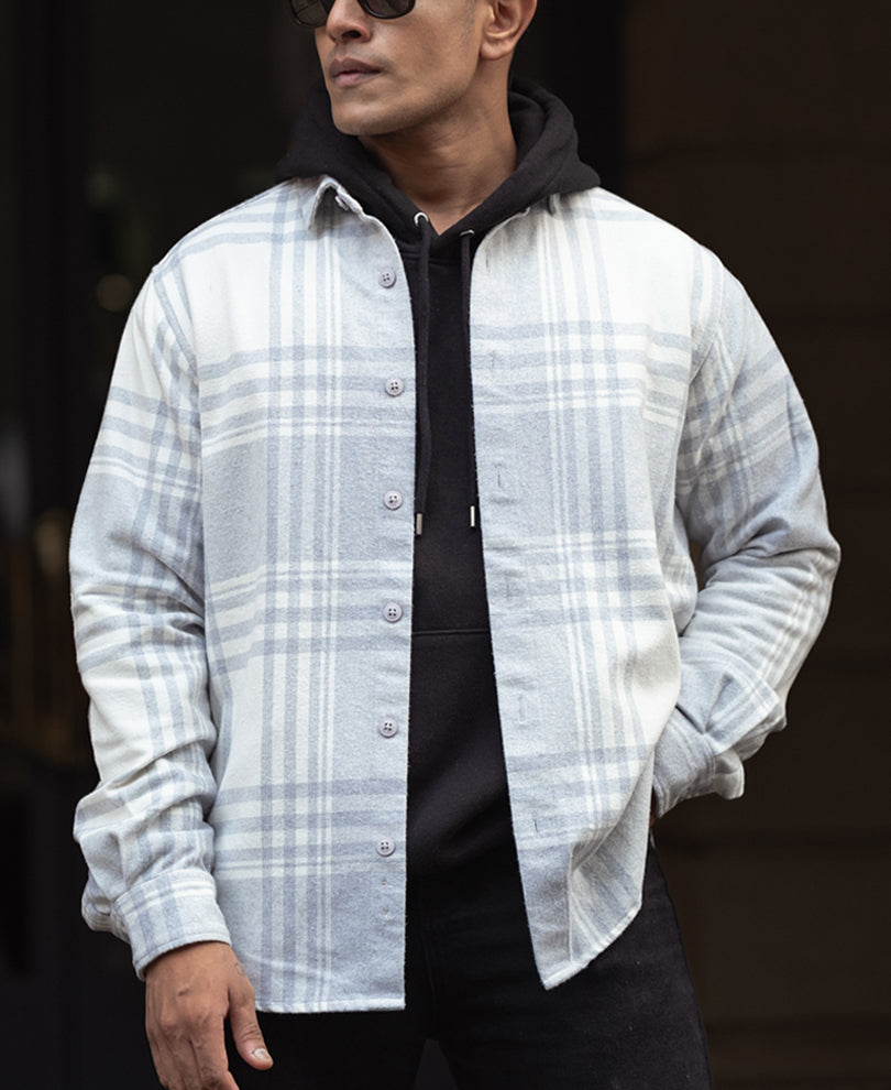 Light Grey and White Regular Fit Flannel Full Sleeve Shirt