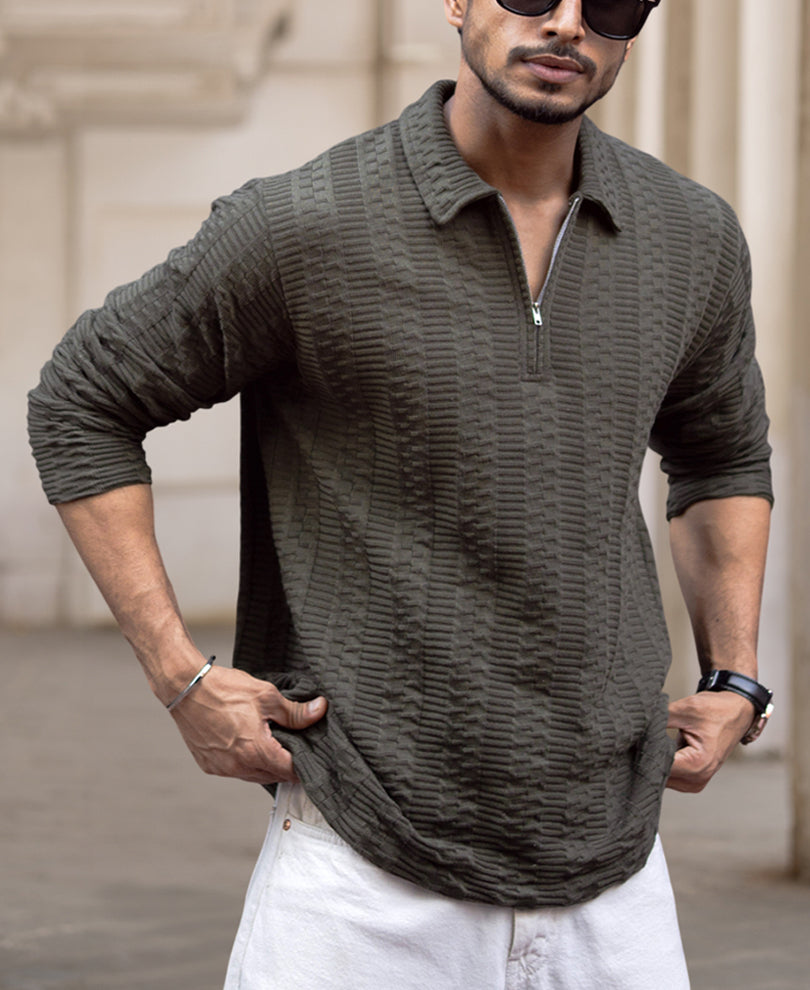 Olive Structured Regular Fit Full Sleeves T-Shirt