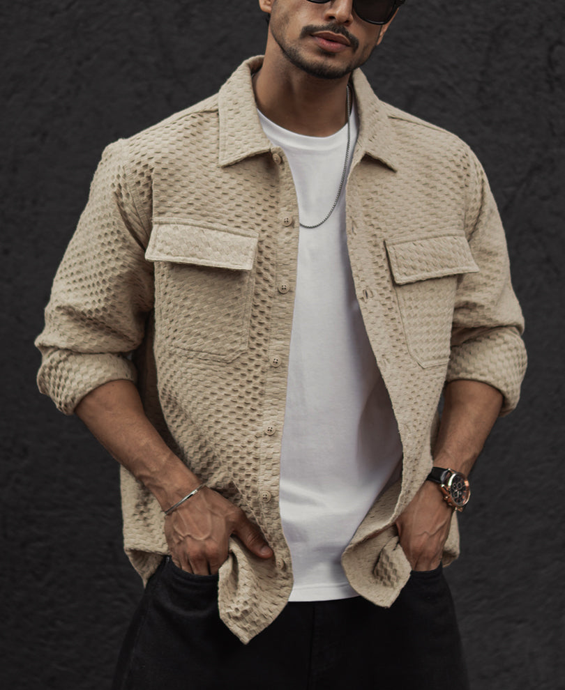 Beige Regular Fit Full Sleeves Structured Shirt