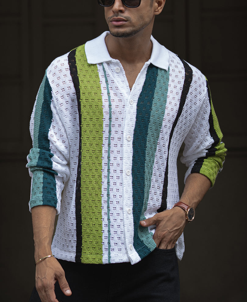 Multi Colour Vertical Striped Crochet Regular Fit Full Sleeve Shirt