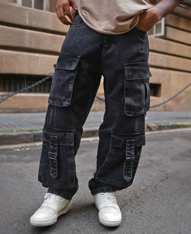 Carbon Black Baggy Fit Cargo Denim Jeans with Patch Pockets