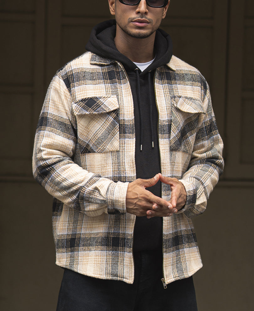 Beige And Black Checks Regular Fit Full Sleeves Shirt