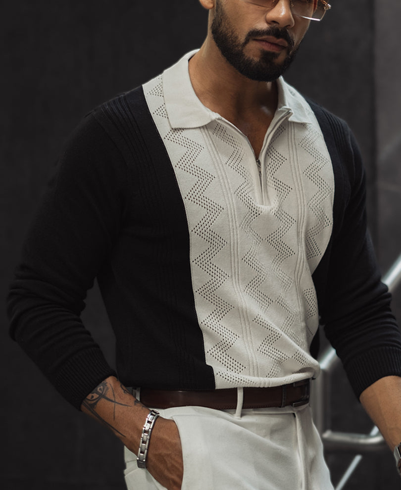 White and Black Knitted Regular Fit Full Sleeves Zipper T Shirt