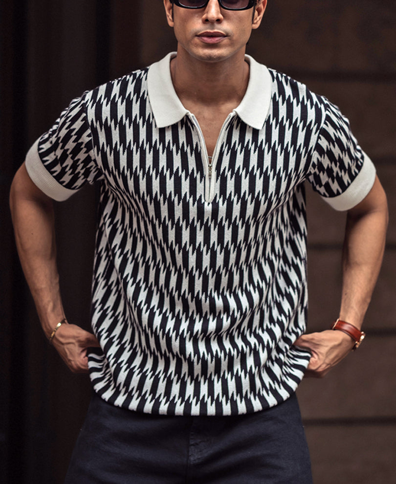 White and Black Knitted Regular Fit Half Sleeves Zipper T Shirt