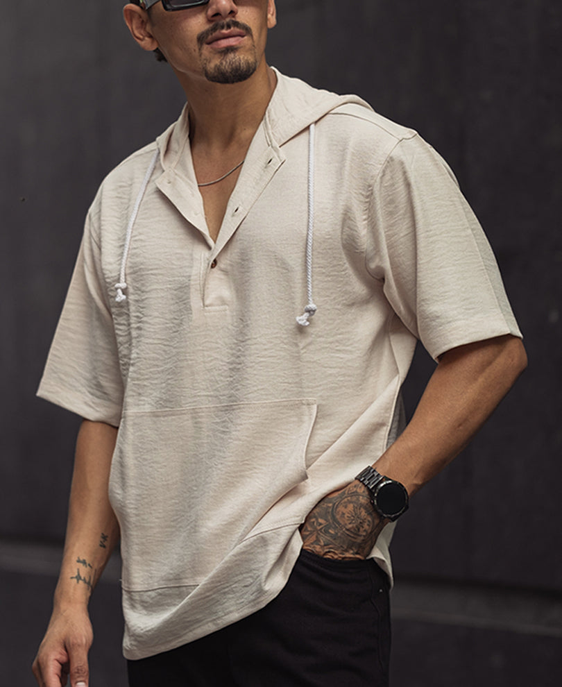 Beige Oversized Hooded Pocket Half Sleeves T-Shirt