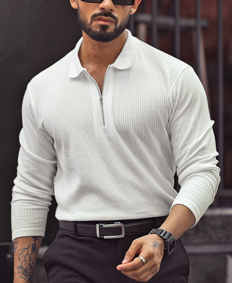 White Waffle Design Regular Fit Full Sleeve T-Shirt with Zipper