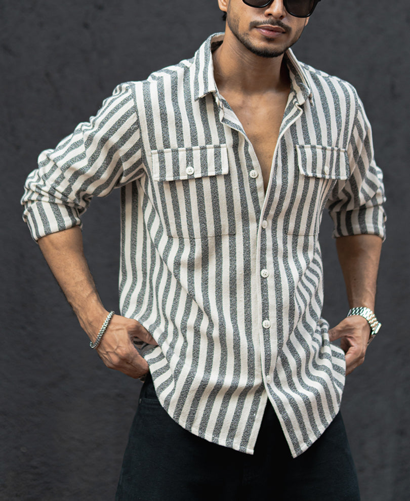 Off White And Grey Stripes Double Pocket Regular Fit Full Sleeves Shirt