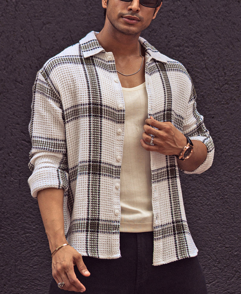 Olive and White Waffle Checks Regular Fit Full Sleeves Shirt