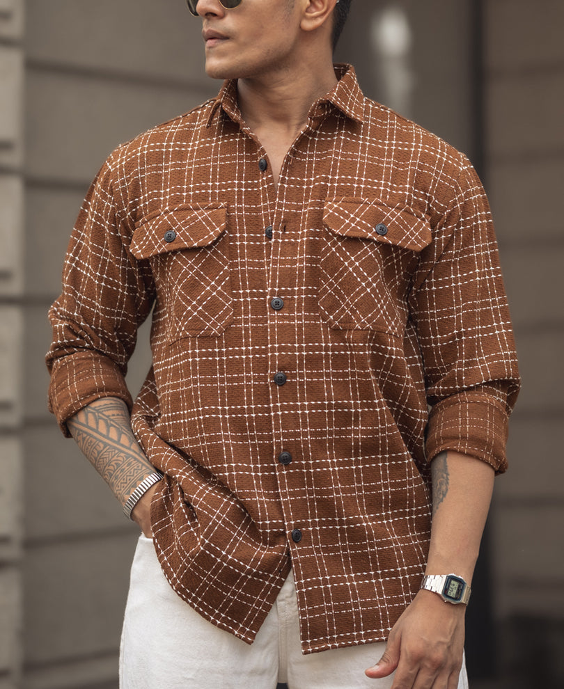 Brown Check Regular Fit Full Sleeves Shirt