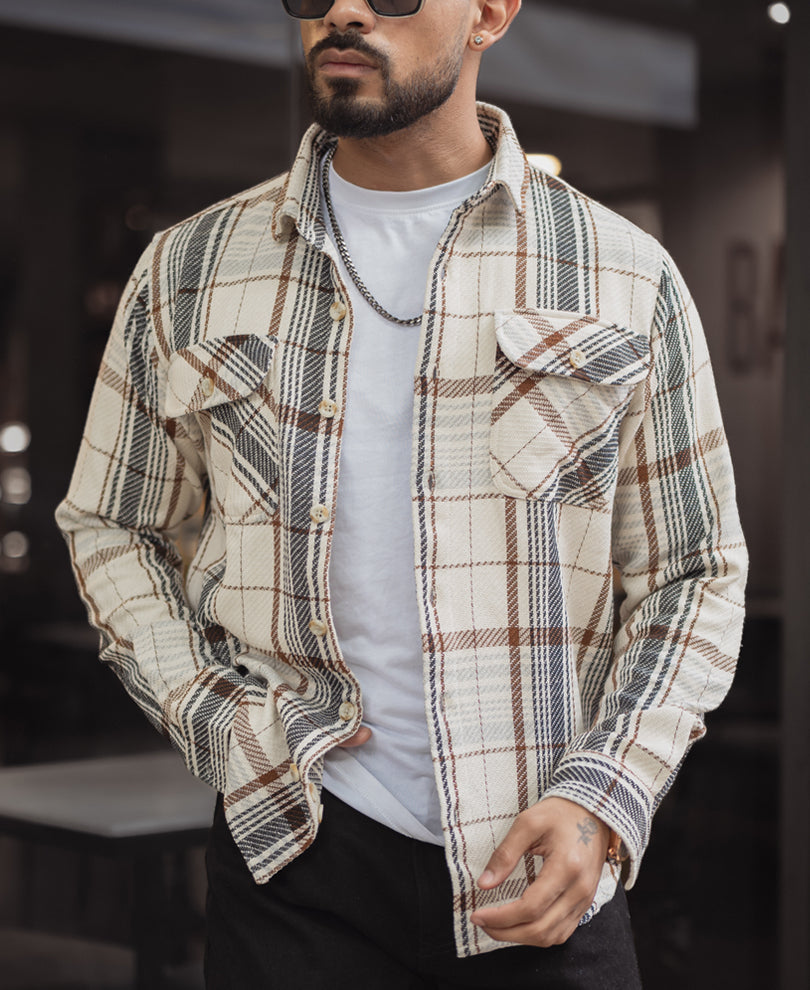 Beige Checked Regular Fit Full Sleeves Shirt