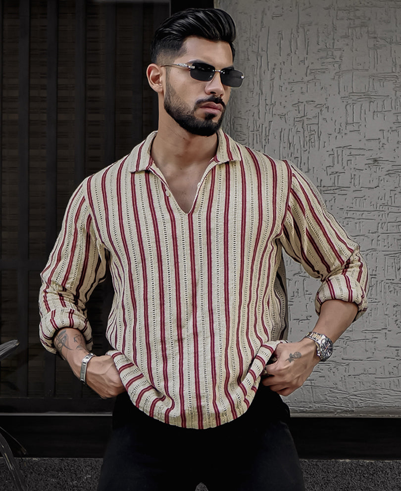 Beige And Maroon Striped Regular Fit Full Sleeves Kurta Style Shirt
