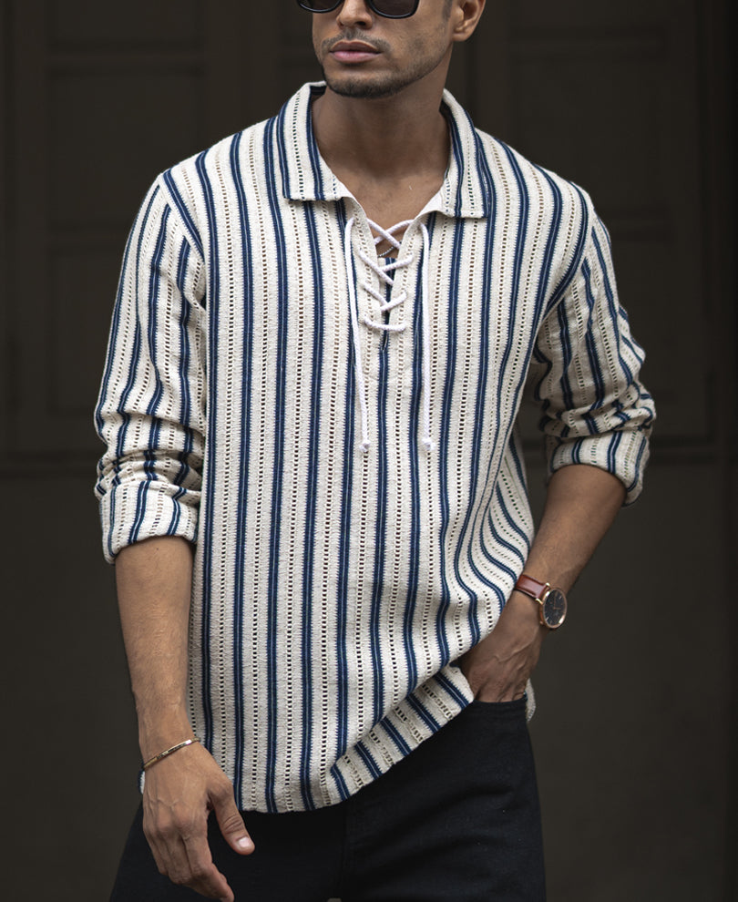 Beige And Navy Blue Striped Regular Fit Full Sleeves Kurta Style Shirt