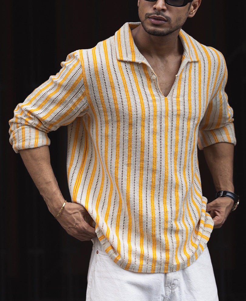 Yellow And Off White Regular Fit Full Sleeves Shirt