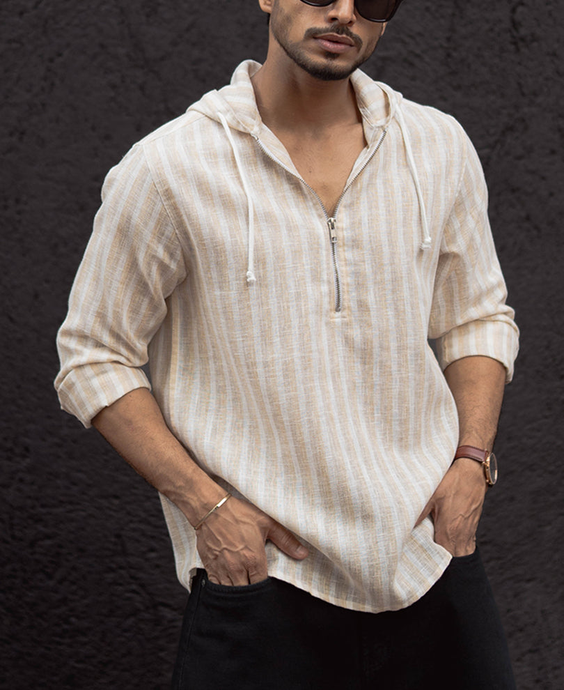 White And Beige Stripes Regular Fit Hoodie Style Shirt