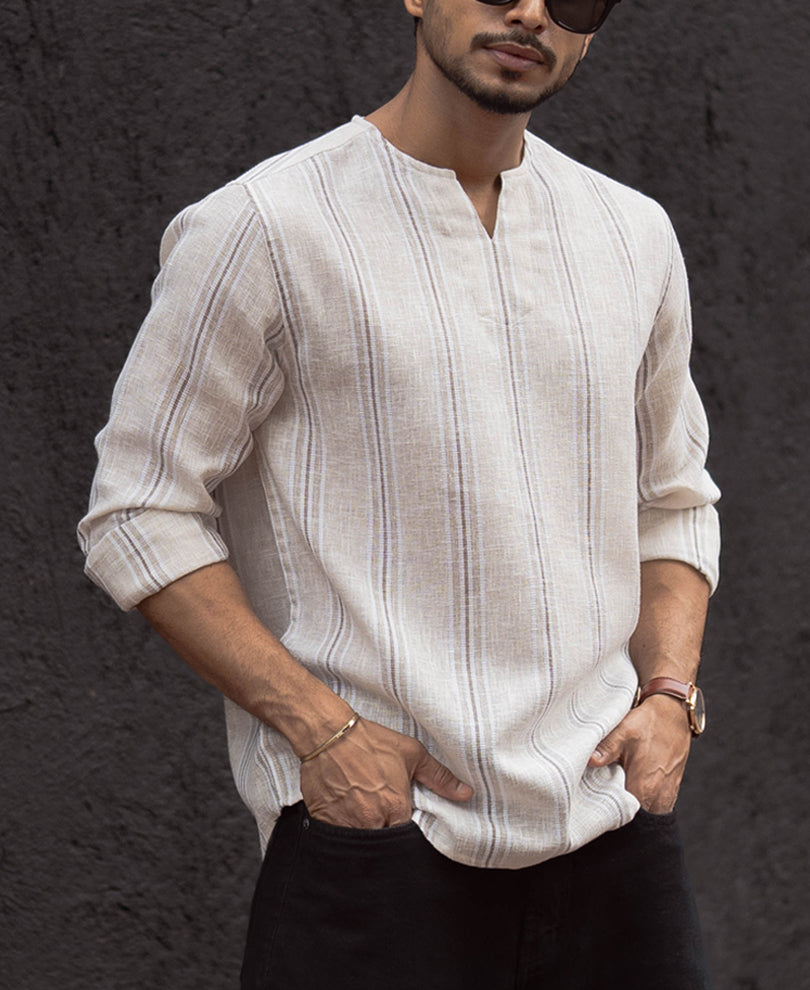 Beige Stripe Regular Fit Kurta Style Shirt