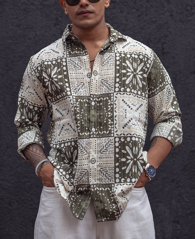 Green Floral Printed Regular Fit Full Sleeves Shirt