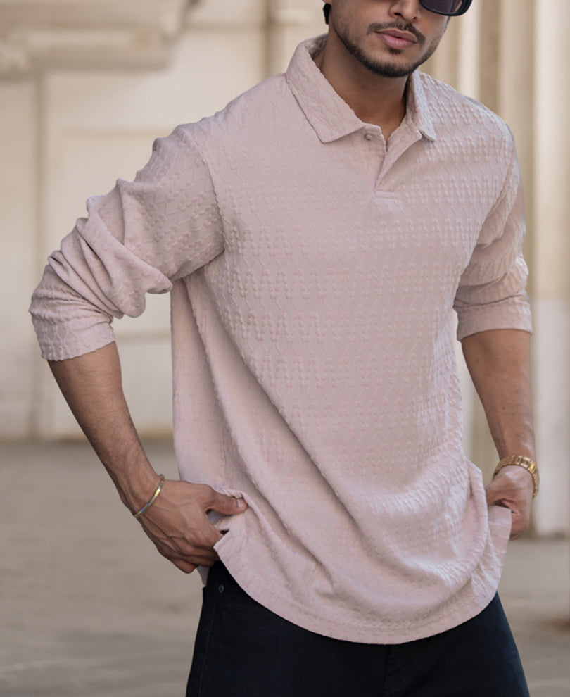 Beige Structured Regular Fit Full Sleeves Polo T-Shirt