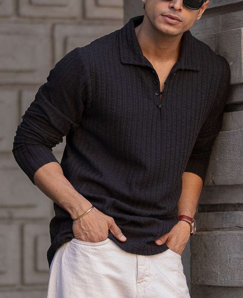 Black Self Stripe Polo T-Shirt
