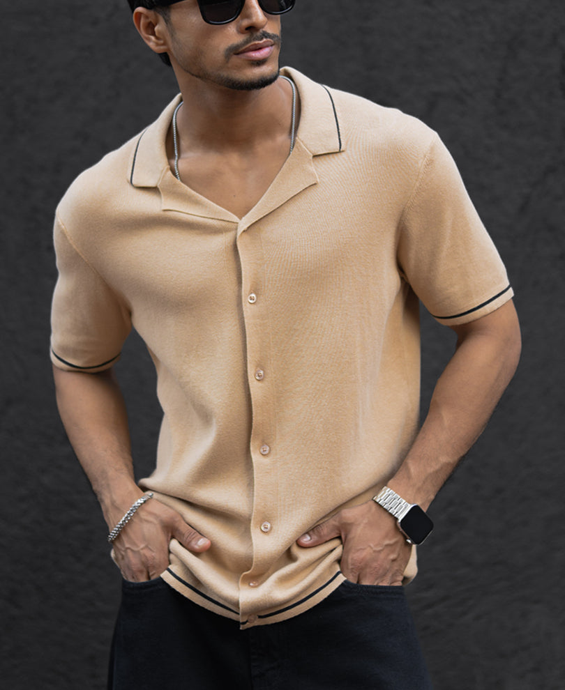 Beige Regular Fit Half Sleeves Shirt