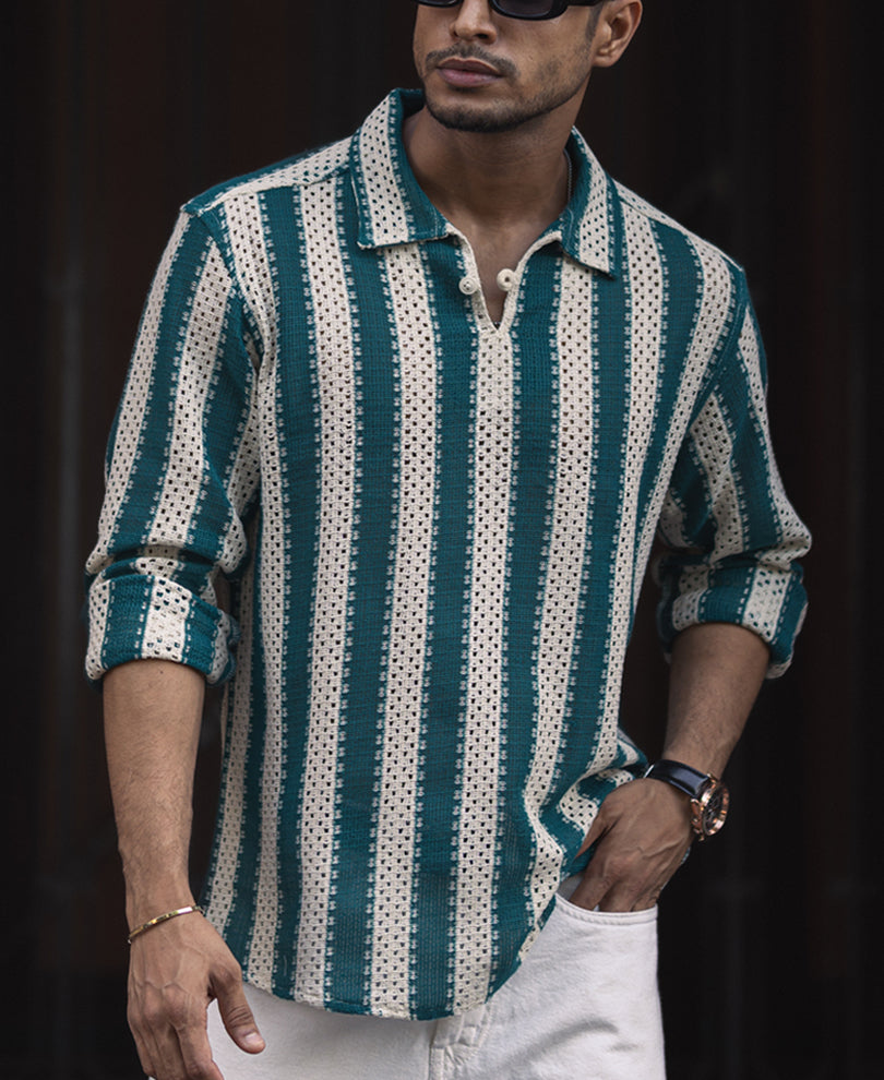 Sea Green and Off White Crochet Striped Regular Fit Full Sleeve Shirt