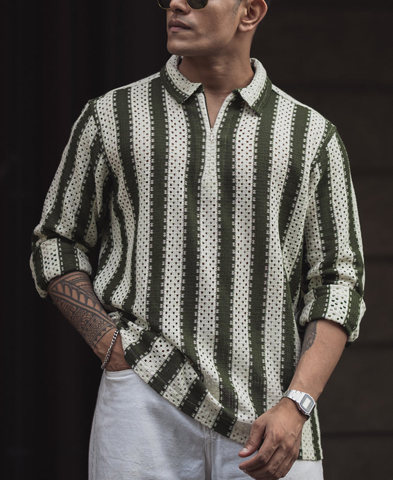 Forest Green & Off White Crochet Striped Regular Fit Full Sleeve Shirt