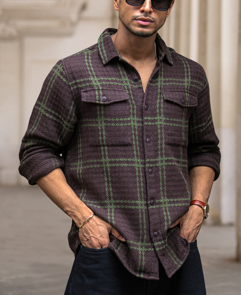 Brown Waffle Checks Regular Fit Full Sleeves Shirt