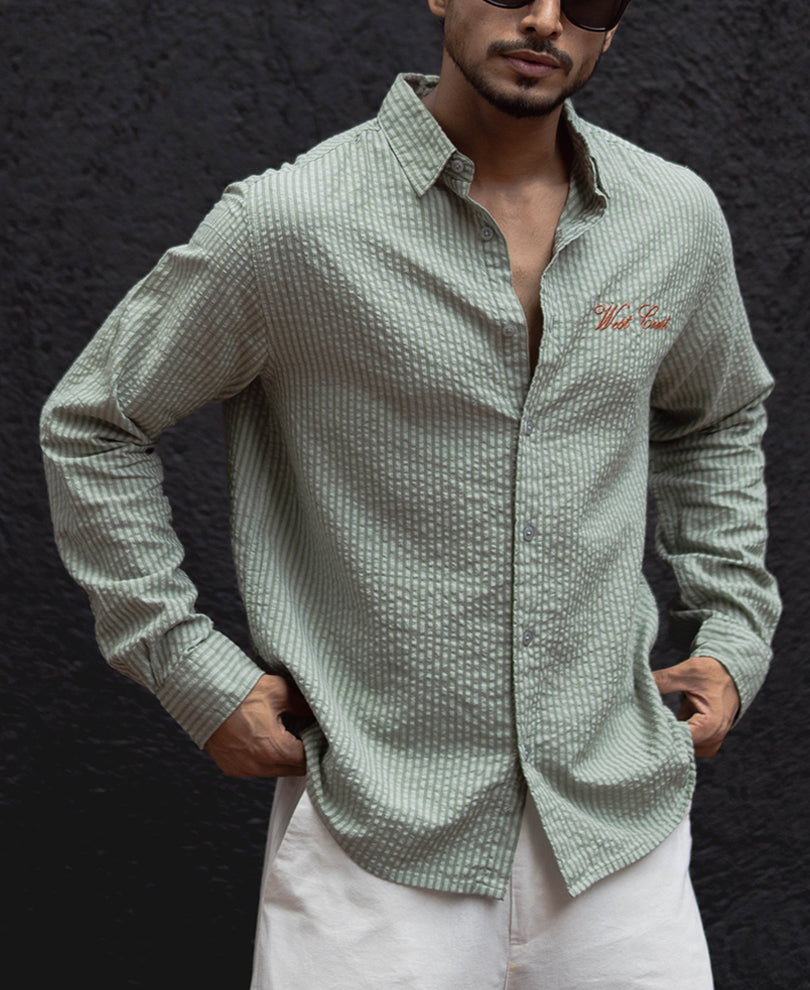 Green Stripes Printed Regular Fit Full Sleeves Shirt