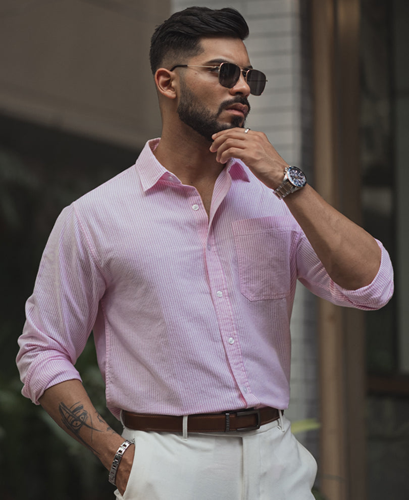 Pink Striped Regular Fit Full Sleeve Shirt