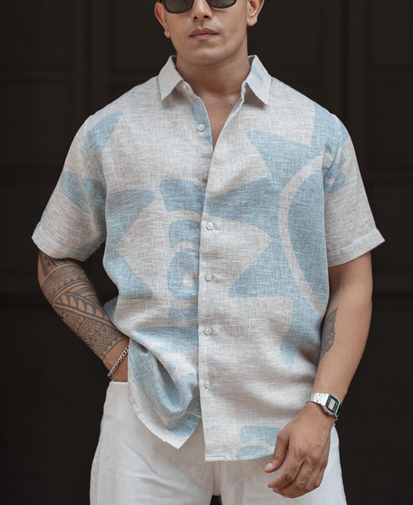 Light Blue And Beige Regular Fit Half Sleeves Shirt