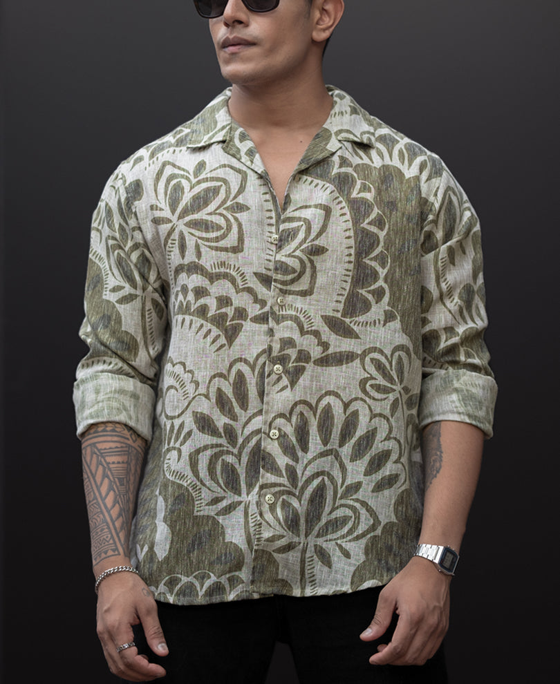 Olive Printed Regular Fit Full Sleeves Shirt