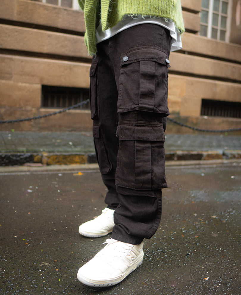 Dark Brown Baggy Fit Denim Jeans with Cargo Pockets