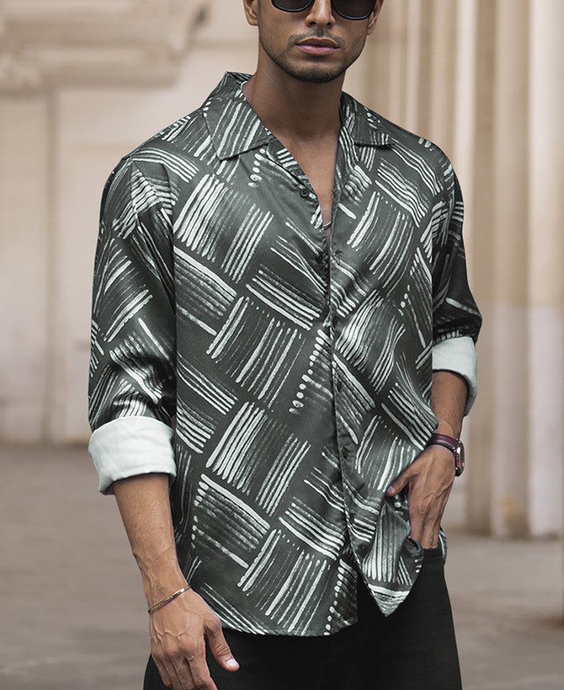Dark Grey Printed Regular Fit Full Sleeve Cuban Collar Shirt