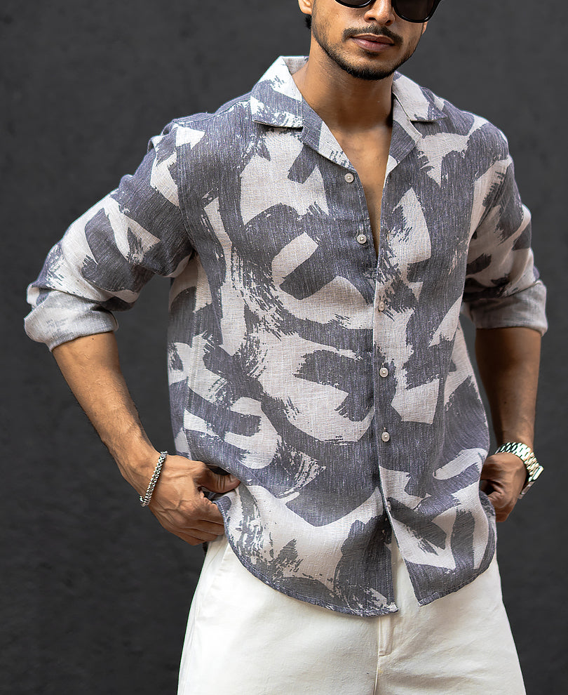 Dark Grey Regular Fit Printed Full Sleeves Shirt
